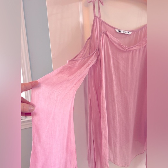 NWOT Zara super sheer blouse - flowy, shoulder tie - Pink - Med - Picture 4 of 5